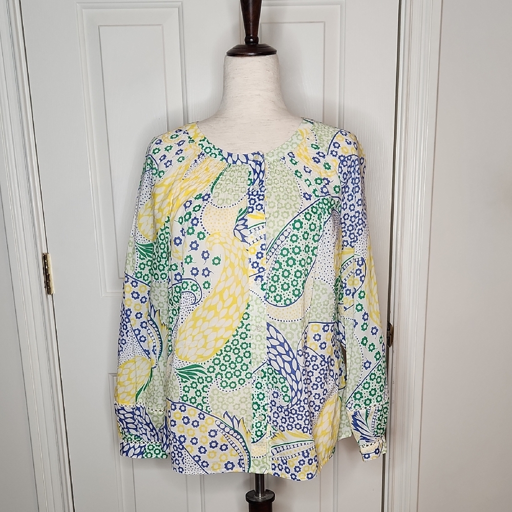 Talbots Top Stitched Cotton Top - Fresh Paisley Size S